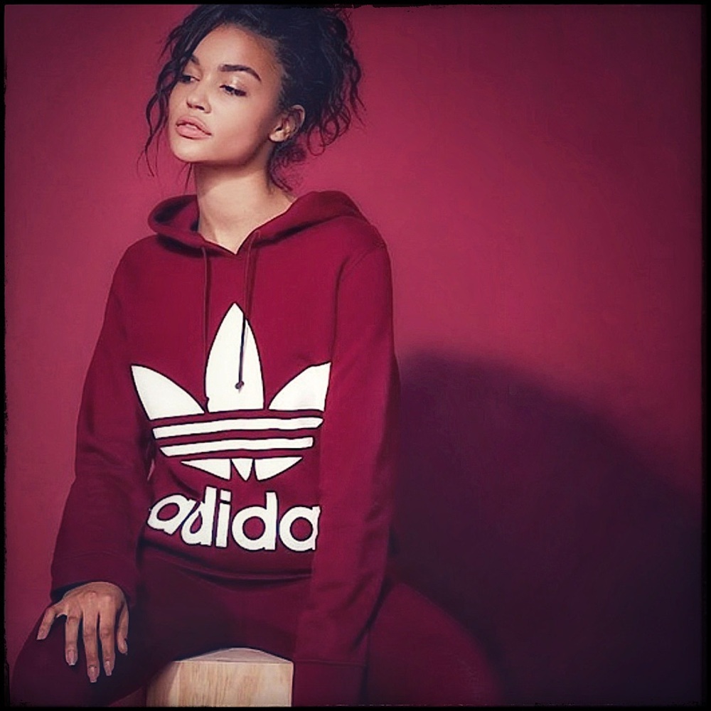 adidas Adicolor Burgundy Logo Hoodie Sweatshirt 100% Cotton Pockets